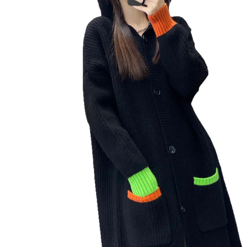 Women's Color Block Wool Trench Coat - Thick Hooded Loose Fit Cardigan