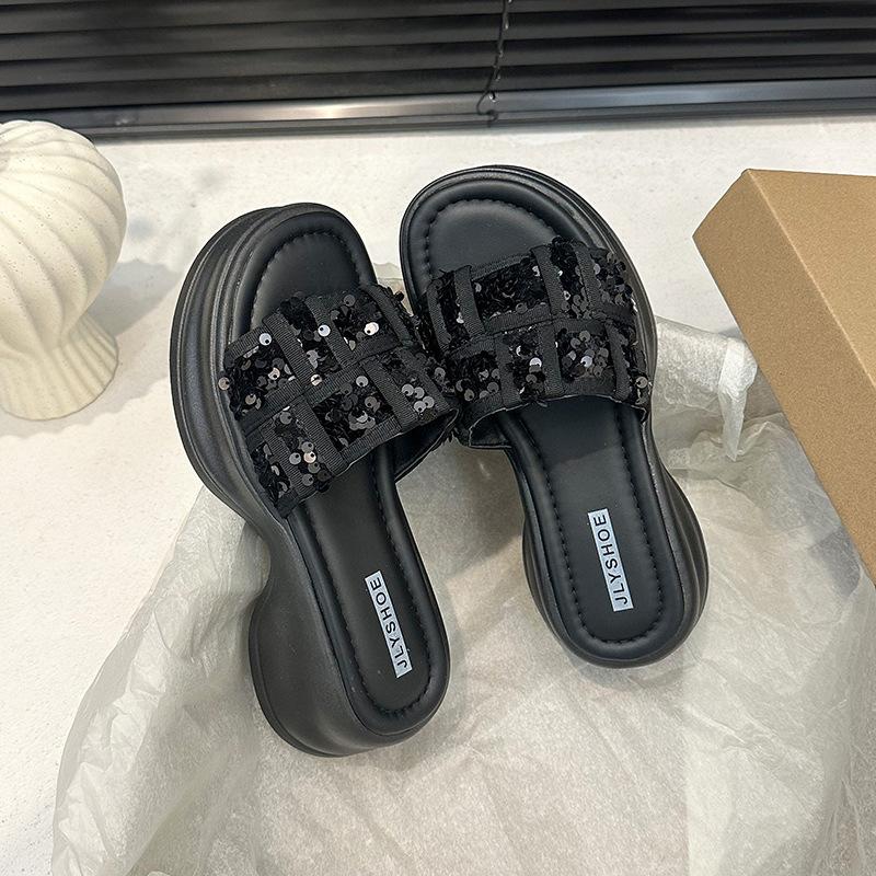 Muffin Platform Sandals Women Wear 2025 Summer New High-end French Sequins Versatile Internet Celebrity Word Sandals