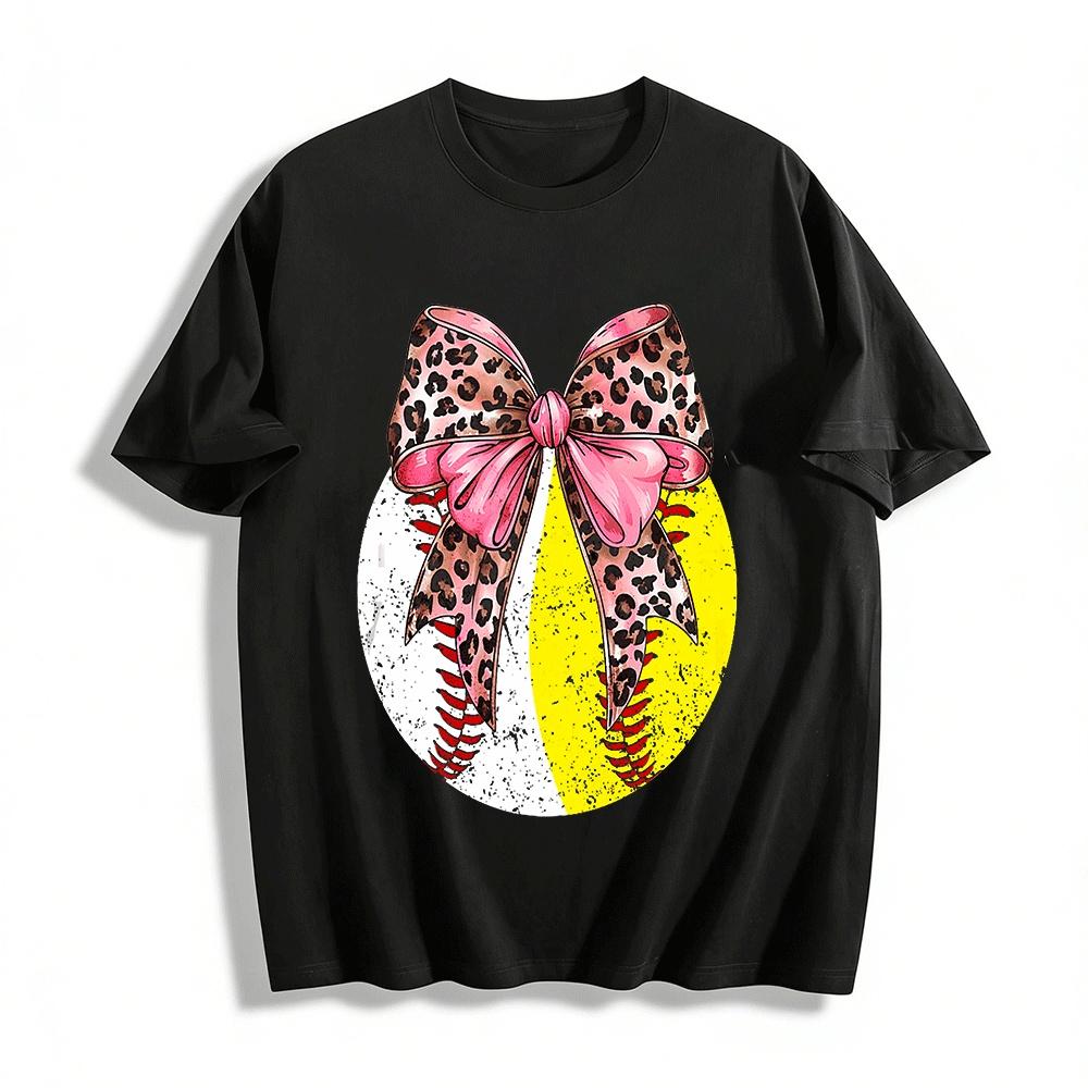 Leopard Bow Color Block Softball Baseball Print Casual Tee Pure cotton T-shirt XXS