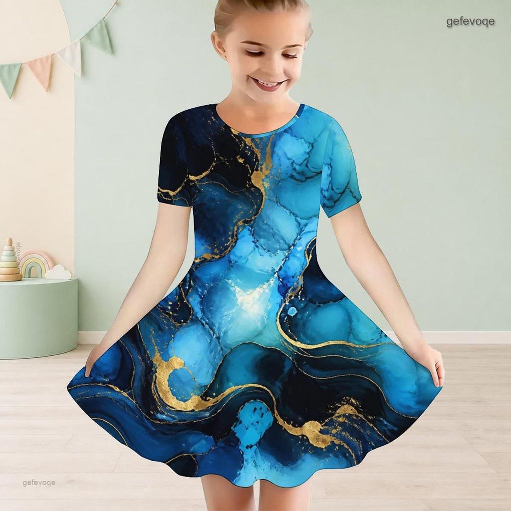 Girls Round Neck Short Sleeve Black Blue Floral Tree Printed A Line Flared Dress