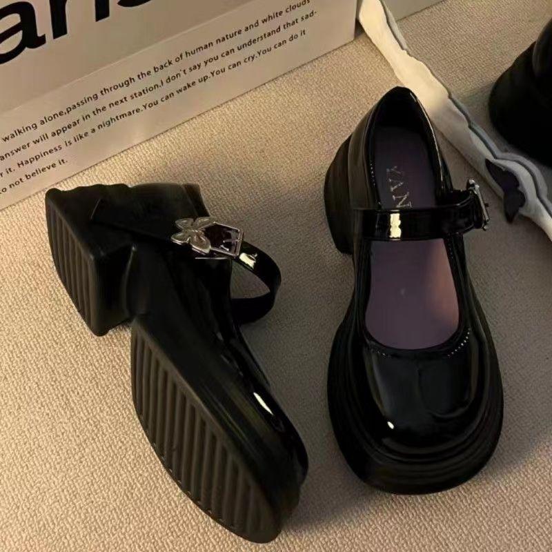 heightening summer black round head jk Japanese platform French high-heeled small leather shoes women's spring and autumn retro Mary Jane single shoes