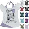 Women's Retro Style Layered Look Short Sleeve Slim Fit T-Shirt with Floral Print and Off Shoulder Design Casual Top