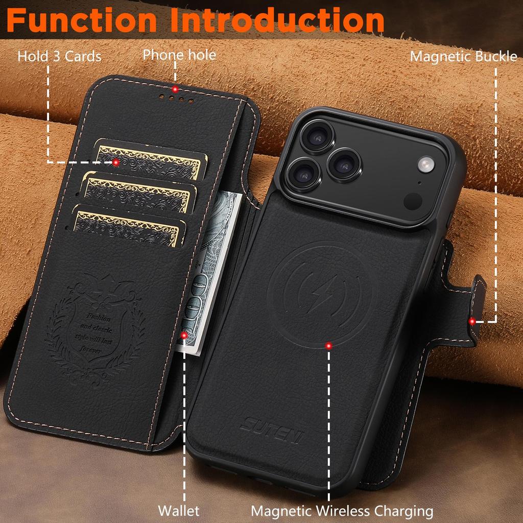 iPhone17ProMax Magnetic Leather Flip Case with Card Slot and Wireless Charging Stand