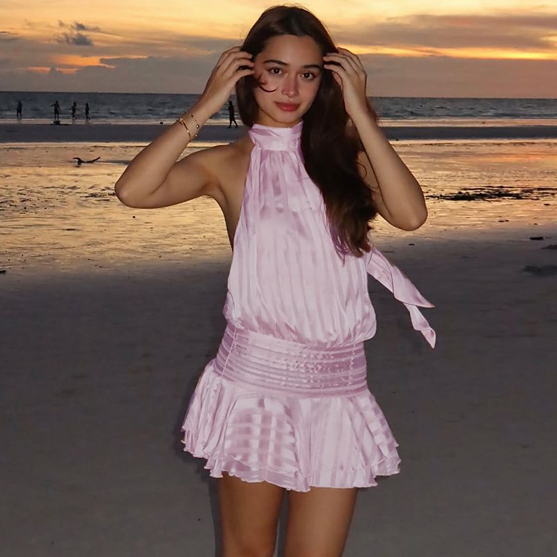 Gusty French Style Pure Desire Sexy Style Yellow Halterneck Dress Women's Summer Vacation Style Satin Tight Waist A- line Skirt