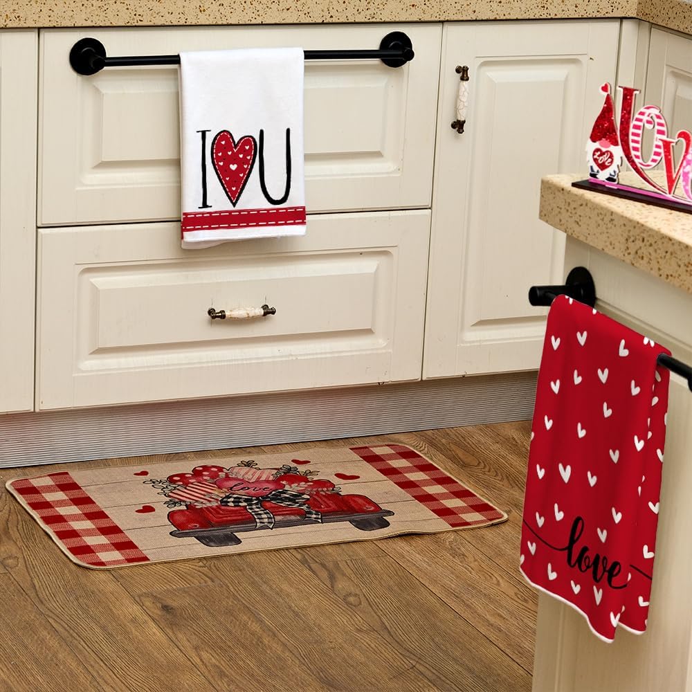 ARKENY Valentines Day Kitchen Towels Red Heart Dish Towels 18x26 Inch Ultra Absorbent Wedding Drying Cloth I Love U Sign Hand Towel for Valentine