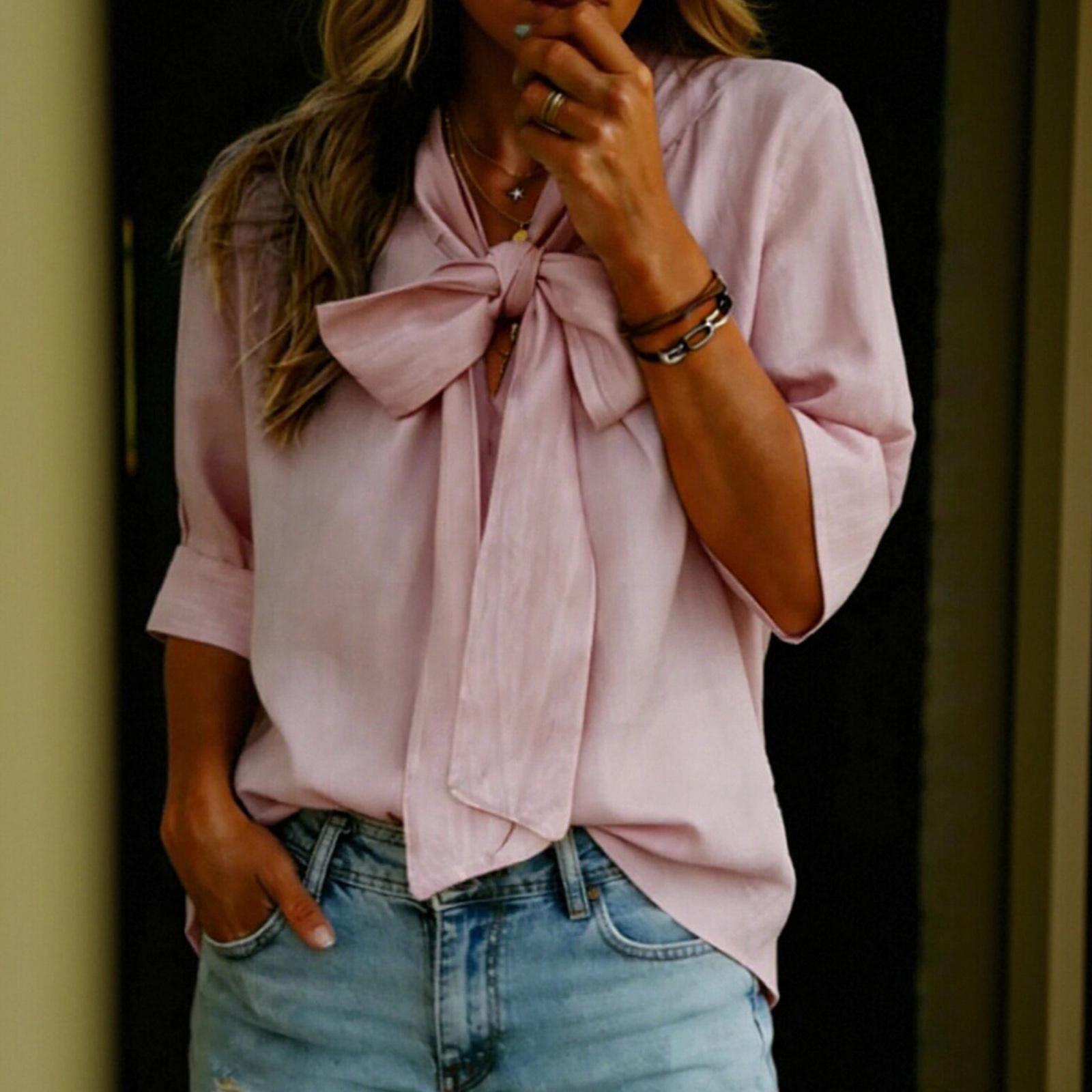

Женская повседневная модная свободная блузка с V-образным вырезом, бантом и рукавами три четверти XXL розовый