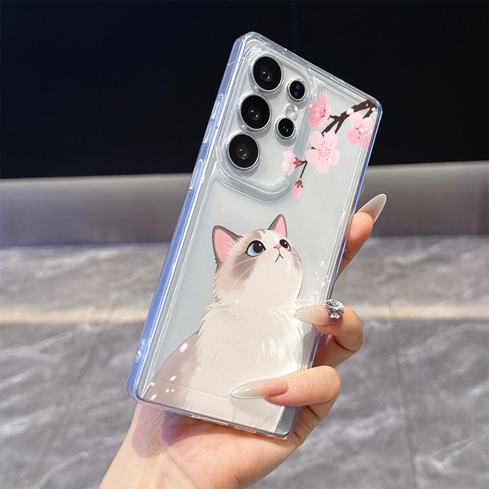 Cute Cat and Cherry Blossoms Phone Case for Samsung Galaxy S26 S25 S24 S23 S22 S21 S20 FE Plus Lucency TPU Protection Cover