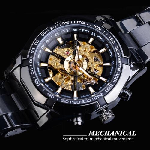 FORSINING Men's Automatic Skeleton Watch, Hollow Mechanical Automatic Luxury Watch with Blue and Black Stainless Steel Band, Waterproof, Black Gold, M