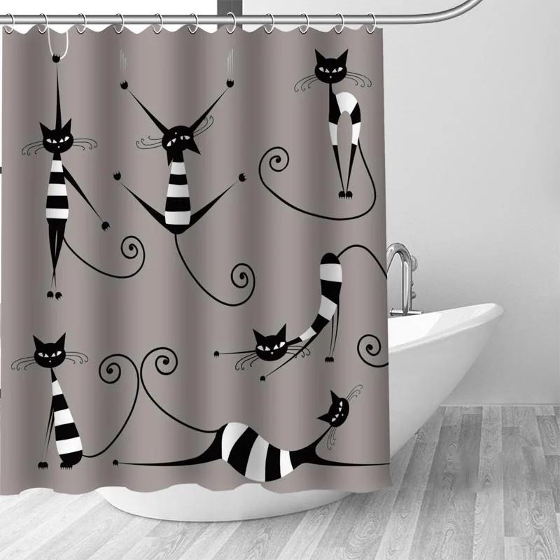 3D Cartoons Black White Cat Bathroom Waterproof Shower Curtain Simple Footprint Bathroom Curtains for Bathtub Screen with Hooks