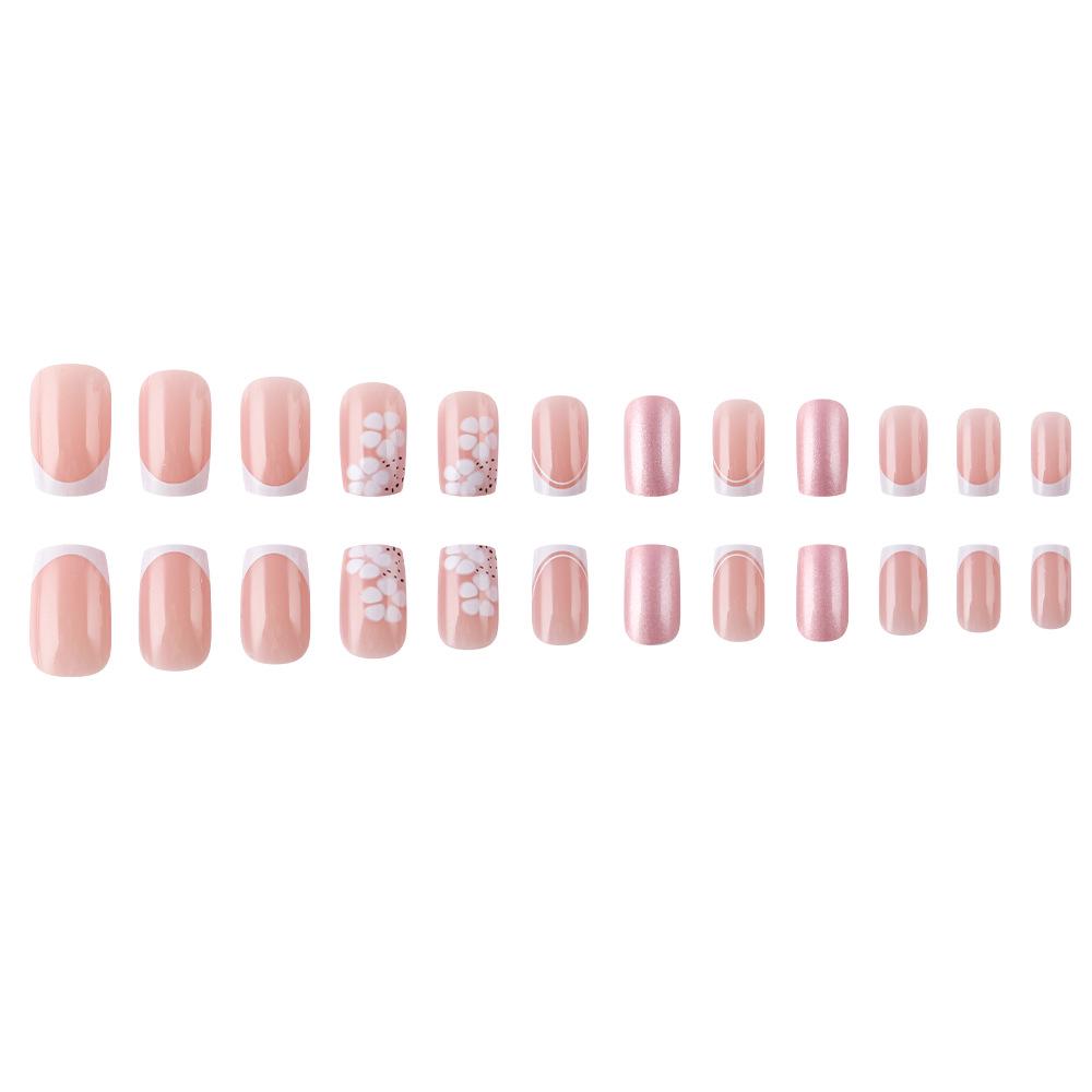 Spring/Summer Pearl Flower Wearable Nails with White French Tips - Bright Surface Manicure Set of 24 Detachable Pieces