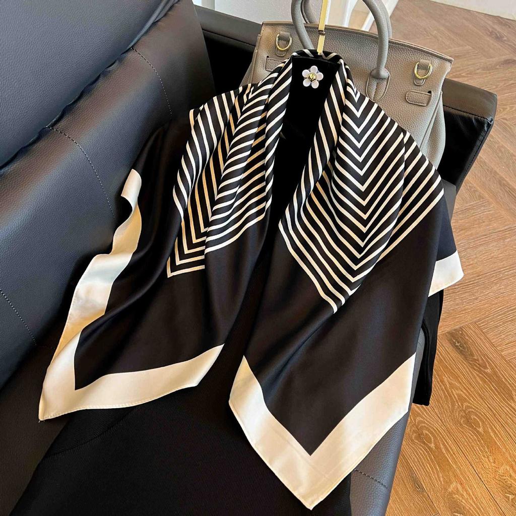 91Cm French Striped Large Square Scarf Women's Spring and Autumn Versatile Small Silk Scarf Stewardess Scarf White Scarf Foreign Style Shawl Women