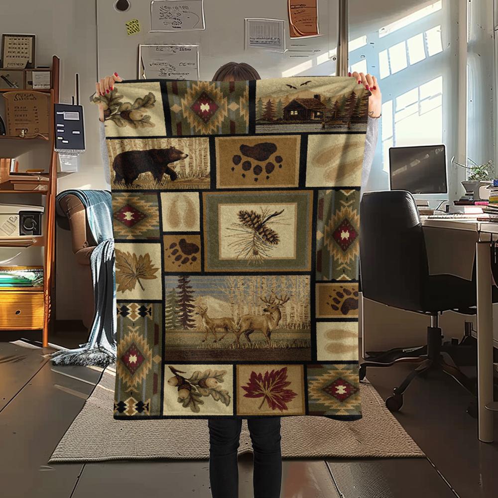 1Pc Cabin Wildlife Print Flannel Blanket, High Quality Comfortable for All Seasons, Home Decor, Warmth and Comfort, Perfect for Gifts
