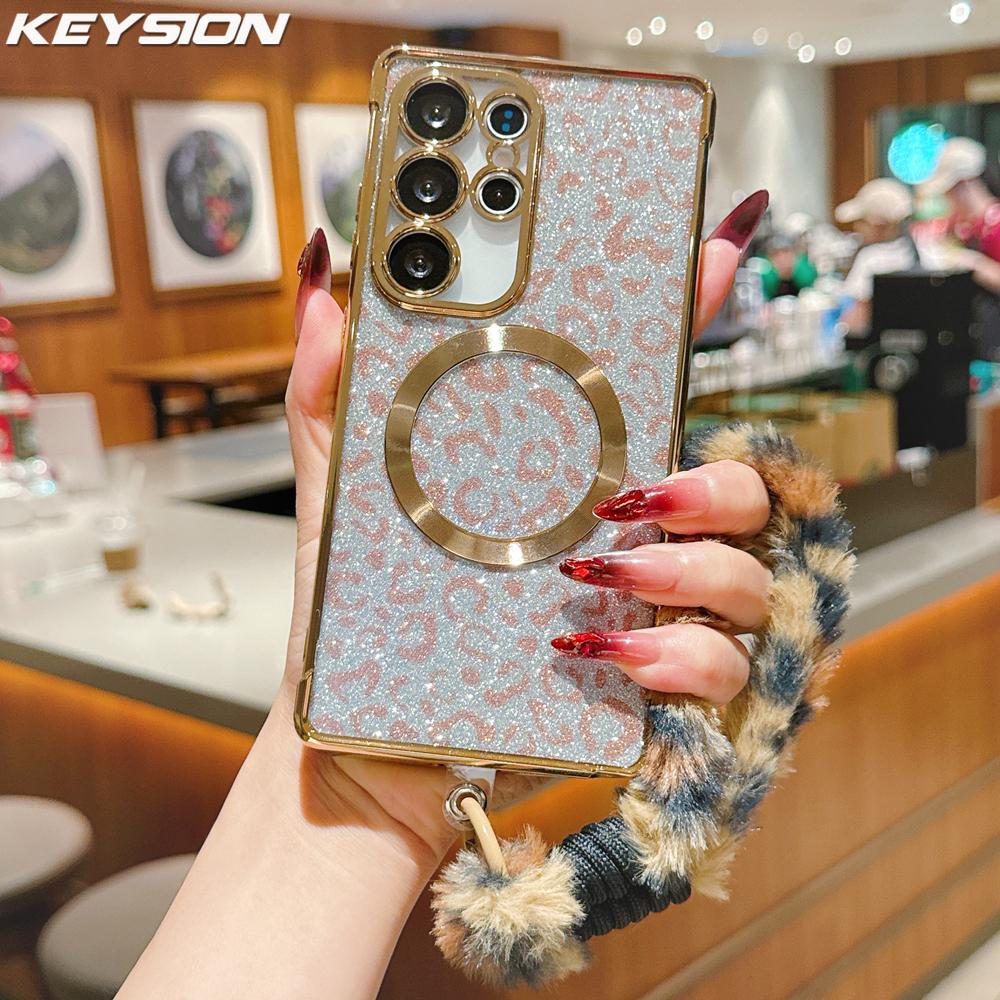 KEYSION Glitter Leopard Print Magnetic Phone Case for Samsung Galaxy S21 S22 S23 S24 S25 S26 Ultra S26+ S25 FE With Plush Lanyard Shockproof Cover