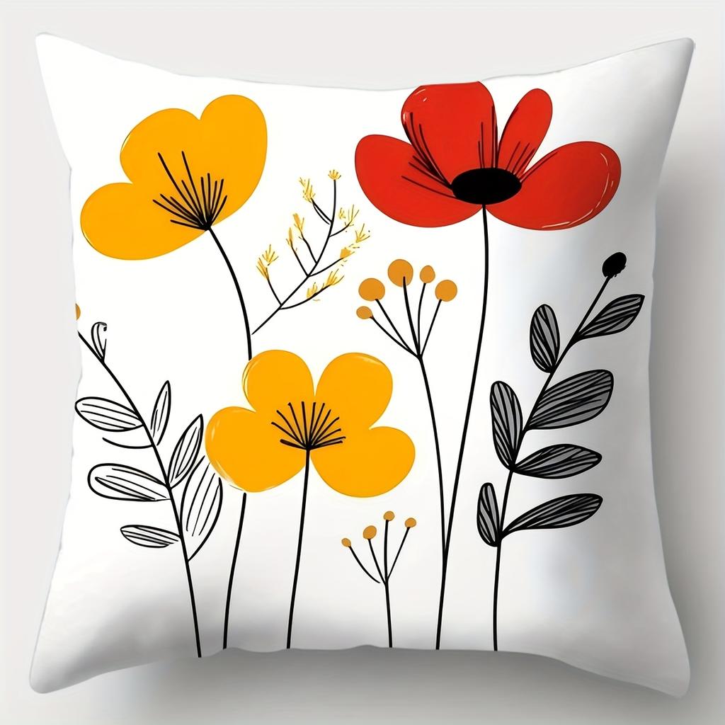 4Pcs Modern Floral Throw Pillow Covers Set, 17.7"X17.7" - Vibrant Single-Sided Print, Zippered Polyester Cushion Cases For Sofa