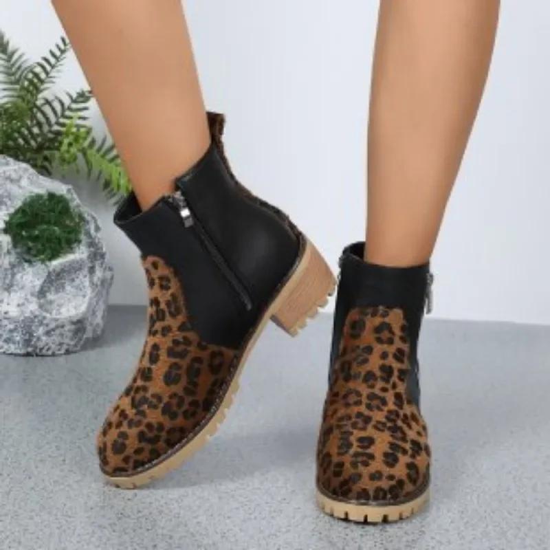 fashion Shoes Female 2024 Hot Sale Ankle Women's Boots Retro Modern Boots Women Round Toe Mixed Colors Side Zip Med Heel Ladies Shoes