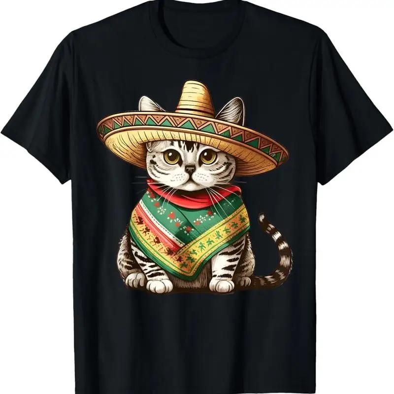 Cute Mexican Cat Sombrero Poncho Graphic T Shirt Unisex Summer Trip Casual Tee S
