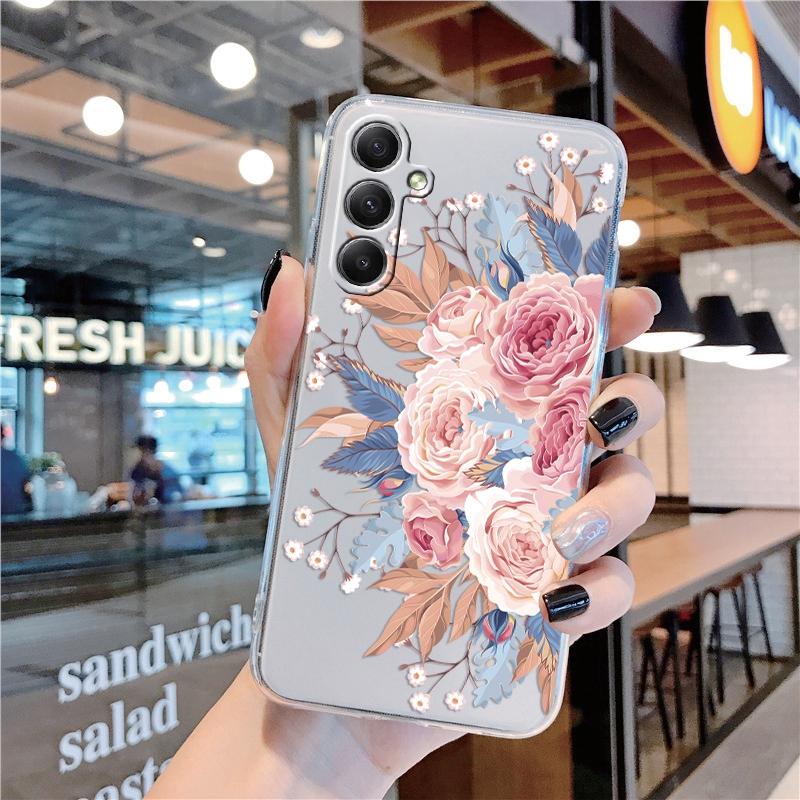 

Мягкий прозрачный силиконовый чехол с цветочным узором для Samsung A55 A35 Xiaomi Redmi Note 13 Pro 13C iPhone 15, противоударный защитный бампер для камеры Samsung Galaxy S9