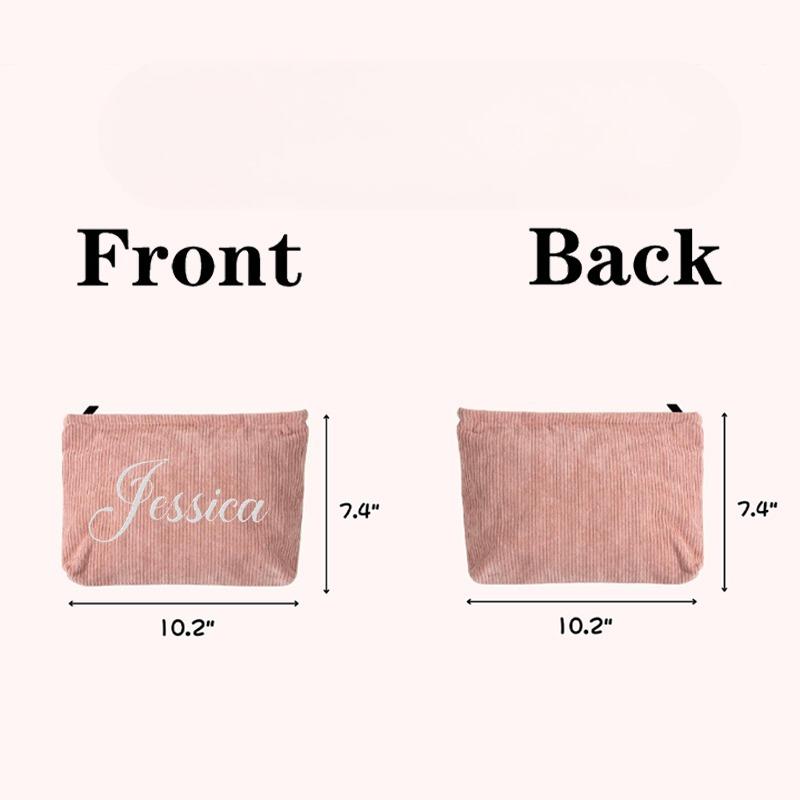 Customized Text Embroidered Corduroy Makeup Bag with Zipper Functional Flat Tool Pouch Custom Washroom Bags Birthday Gift