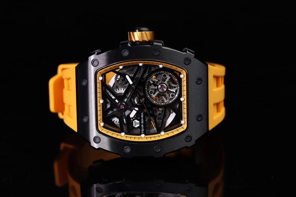 TSAR BOMBA Męski Zegarek Biznesowy, Wodoodporność 50M, Szkieletowy Design, Stylowa Koperta Tonneau ze Stali Nierdzewnej, Japoński Mechanizm z Indeksami Luminescencyjnymi, Żółty