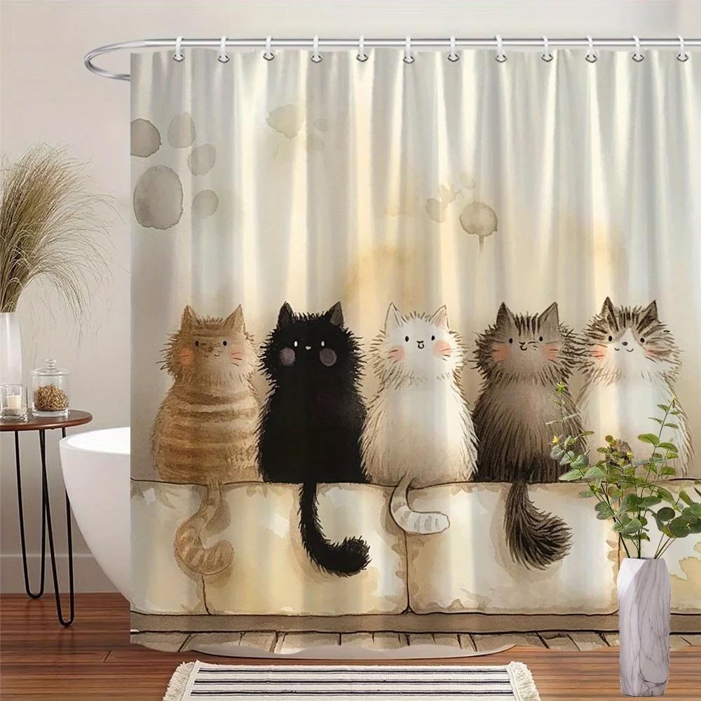 

Cozy Cat Curtain - 5 Fluffy Cats on Stone, Soft Beige, Whimsical Design, 12 Hooks, Machine Washable, Cat Lover Decor W90xH180cm