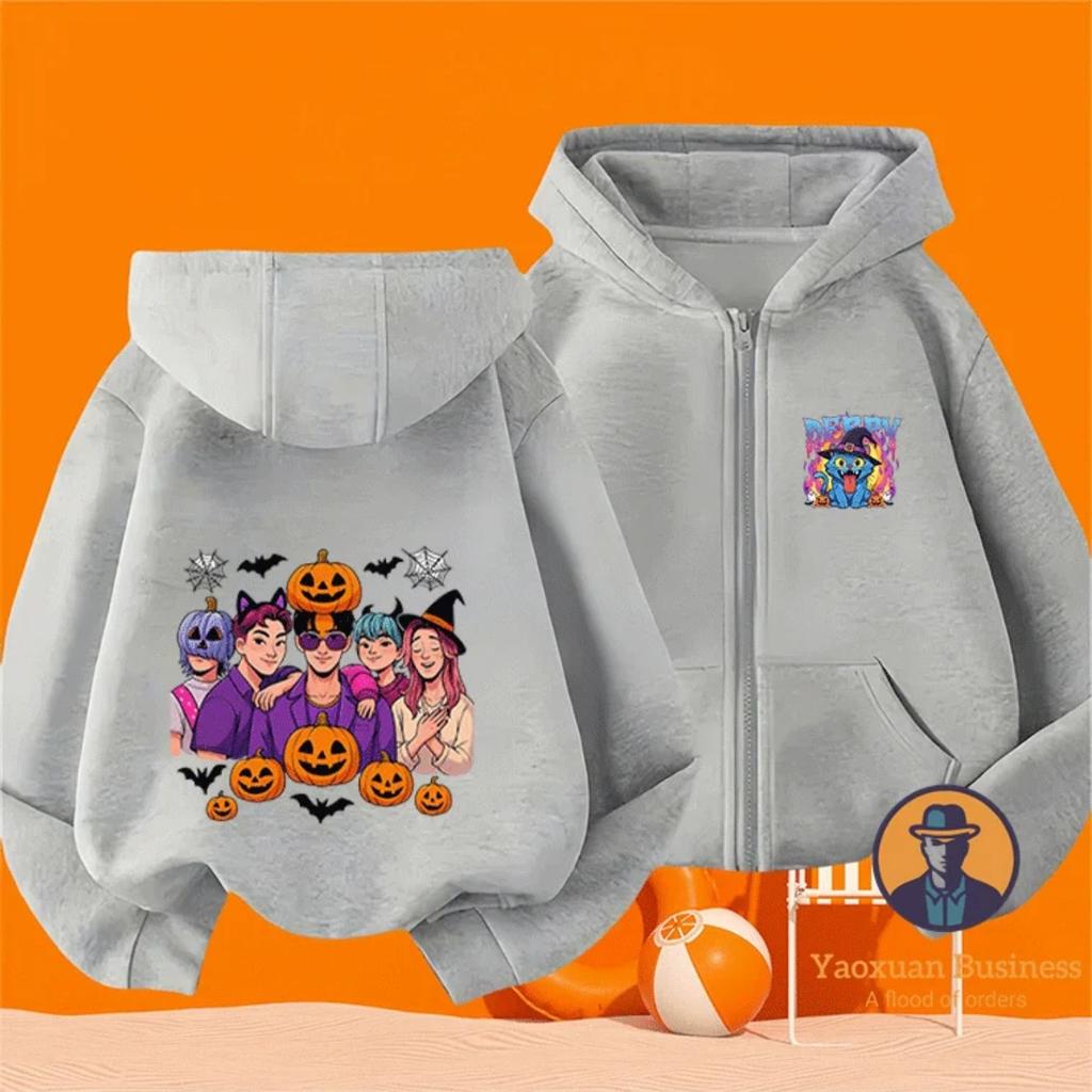 New KPop Devil Hunter Boys and Girls Children's Zipper Hoodie Cute Cartoon Print Warm Halloween Autumn/Winter Fashion Clothing