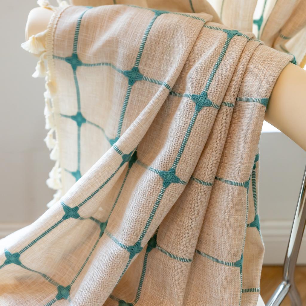 Perdele Groase din Bumbac și In, Model Pătrat, Sufragerie, Balcon, Contrast de Culori și Asortare a Culorilor, Perdele din Material Fără Găurire, Finisate