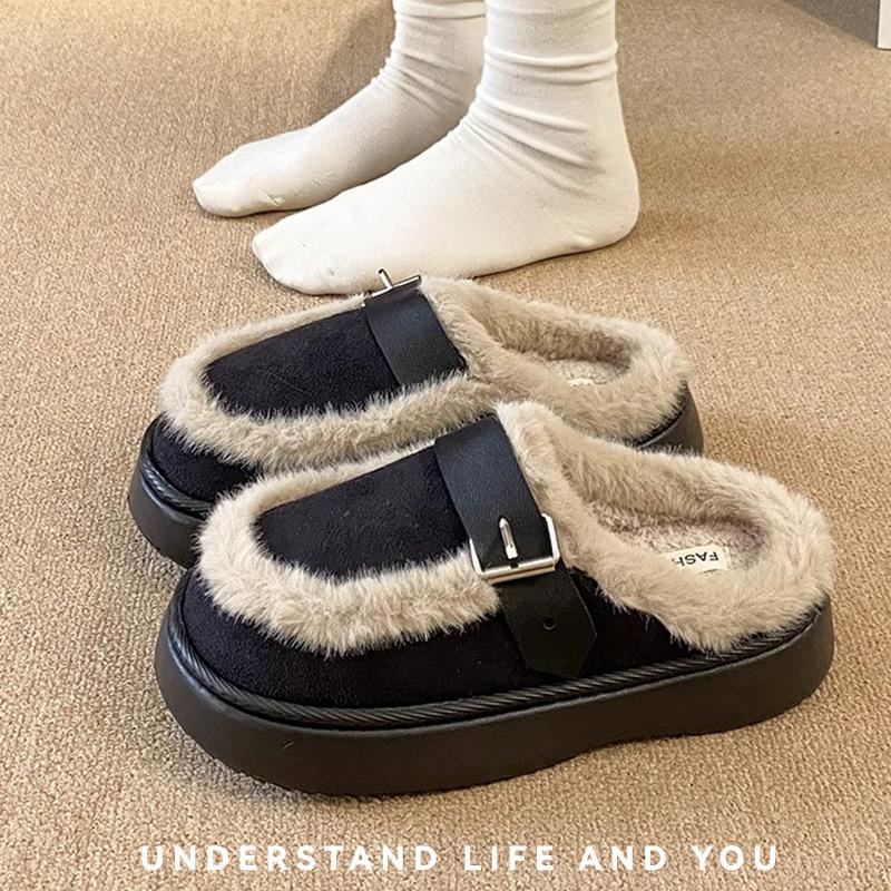 

Хлопковые тапочки Boken на толстой подошве женские осенне-зимние бархатные теплые тапочки на одной педали пушистые туфли грязеотталкивающие и нескользящие высококачественные хлопковые туфли 40-41 чёрный