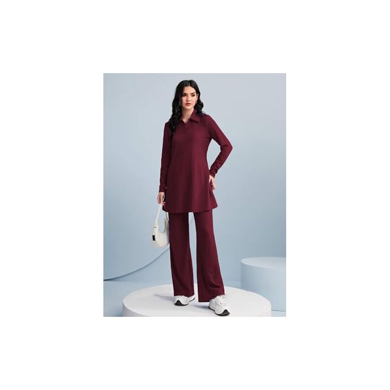 TADKEE Women s Solid Color Two-Piece Set | Long Sleeve Top & Wide Leg Pants Co-ord Set | Casual Wear Co ord Set (FN-Full L малиновый