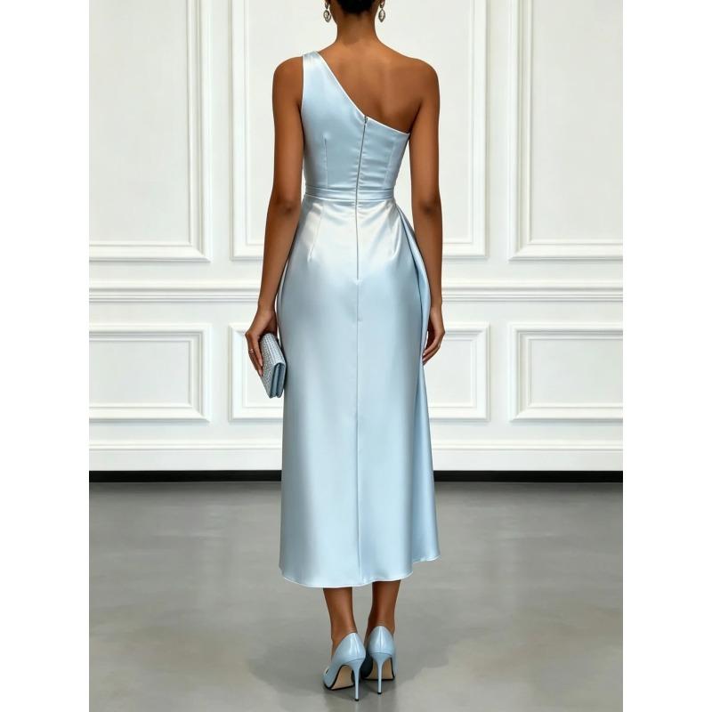 Satin Midi Dress with Ruched Waist Elegant Sleeveless Party Gown