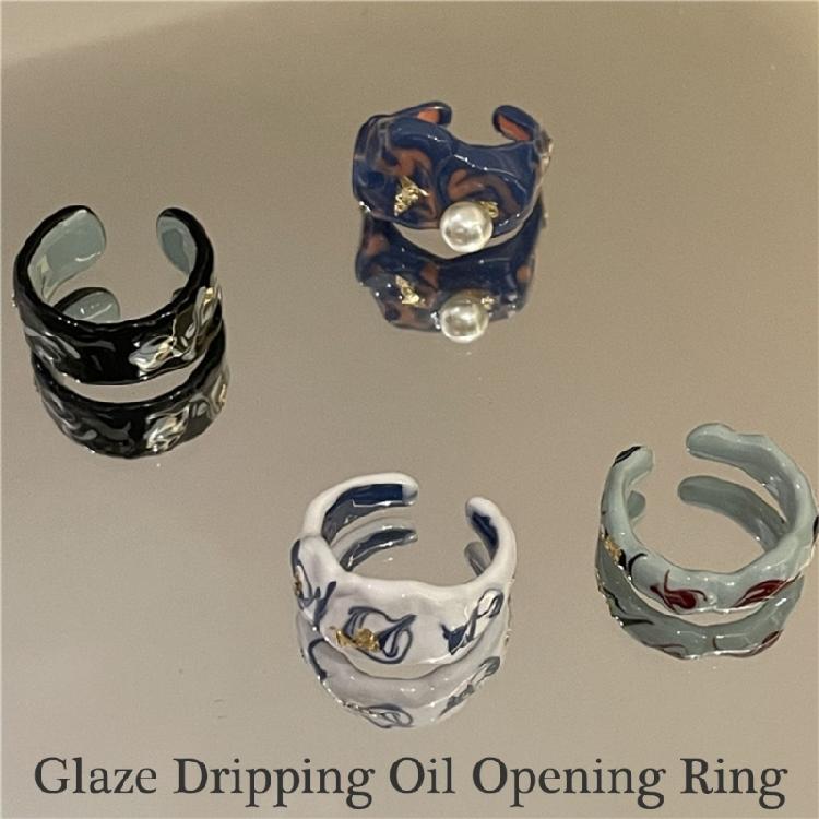 Elegant Dripping Oil Open Ring with Gold Foil Adjustable Ceramic Finger Ring Trendy Jewelry for Fashion Enthusiasts