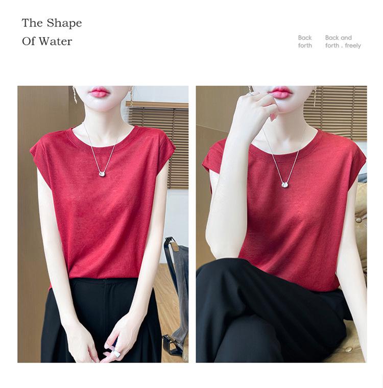 2026 Spring Women's Puff Sleeve Knit T-Shirt - Solid Color, Round Neck