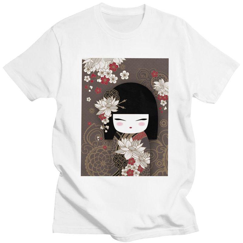 Custom Kokeshi Doll Cherry Blossoms T Shirts Men 100 Cotton Tee Tops Japanese Kimono Geisha Girl Tshirts Tshirt
