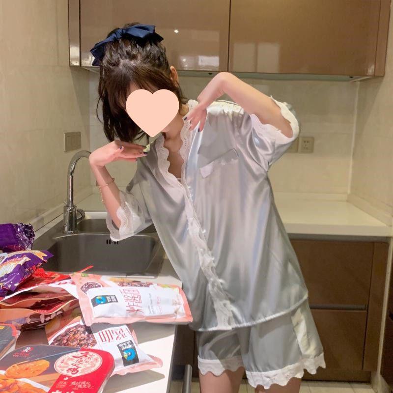 Korean Lace Collar Silky Homewear Set: Short Sleeve Top & Shorts In Solid Color for Spring/Autumn.