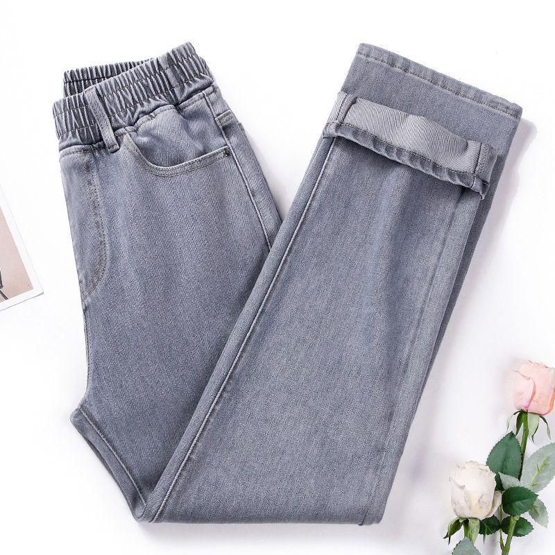 2026 Plus Size Women's Gray High Waist Straight-Leg Jeans with Elastic