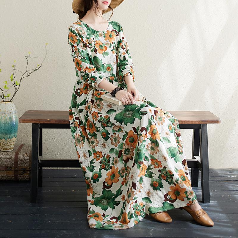 DIMANAF 2024 Rochie de primăvară mărime Plus pentru femei, rochie boemă ocazională cu imprimeu floral, rochie lejeră pentru plajă, decolteu O, verde, femeie