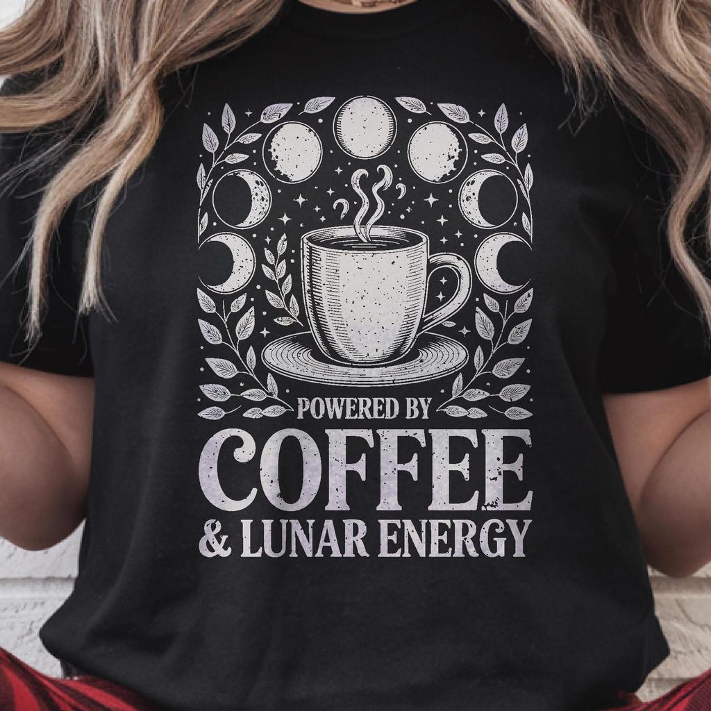 Powered by Coffee & Lunar Energy T-Shirt, Cozy Goth Witchy Caffeine Tee, Dark Academia Moon Phase Gift, Mystical Coffee Lover Shirt