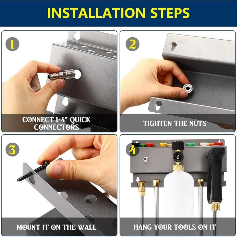 Space Saving Stainless Steel Pressure Washer Accessory Holder Wall Mount Storage Rack for Guns Foam Cannons Nozzles