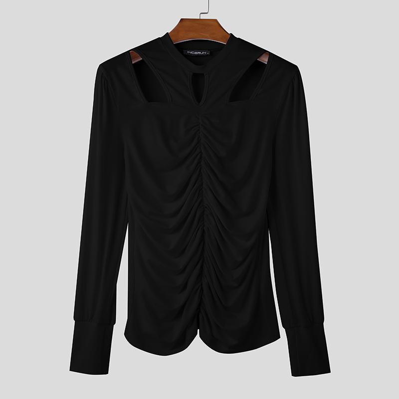 

INCERUN Men Cutout Long Sleeve Rumple Casual Skinny Tops T-shirts Undershirts 5XL чёрный