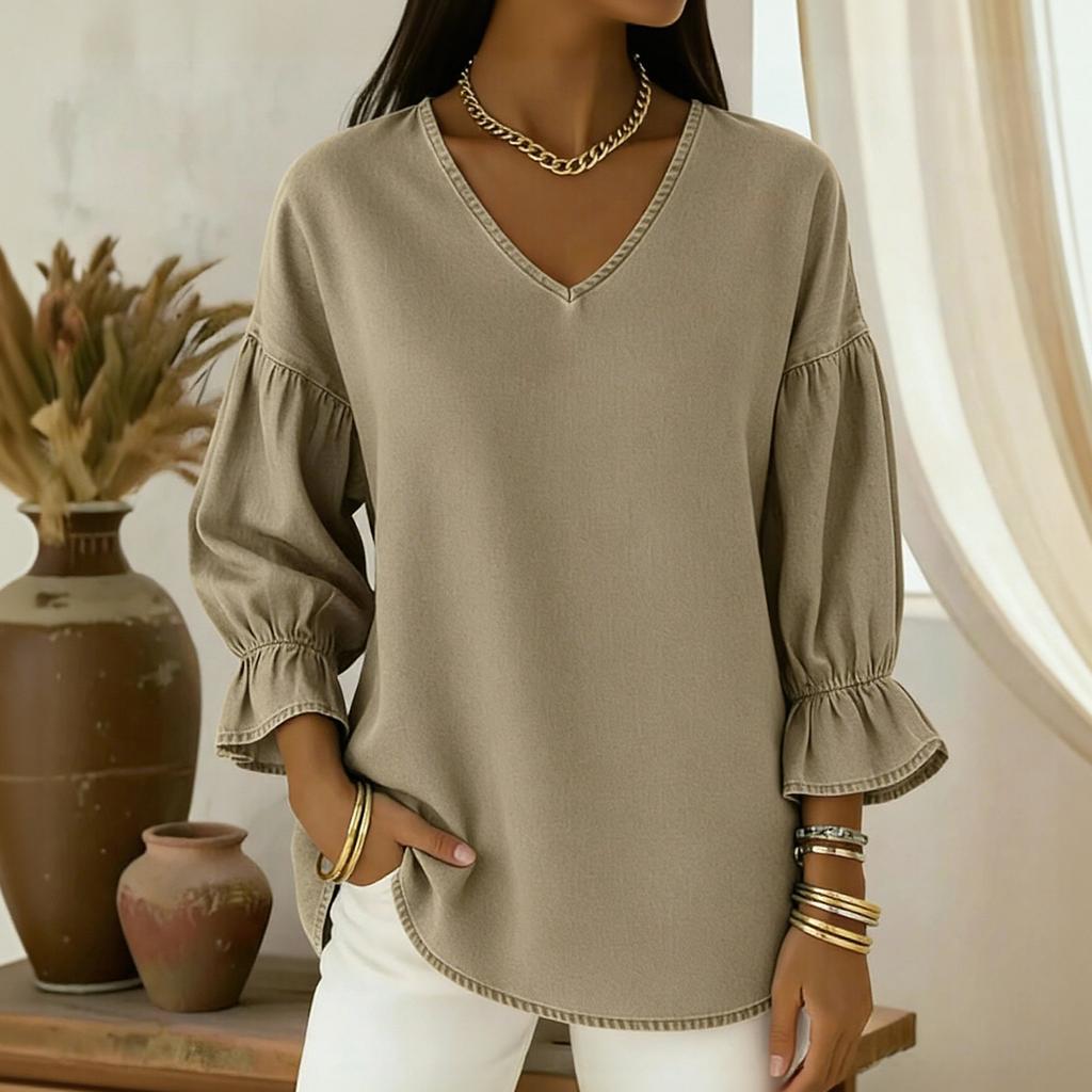 Women's -color Casual Nine-quarter Sleeve Retro V-neck Shirt