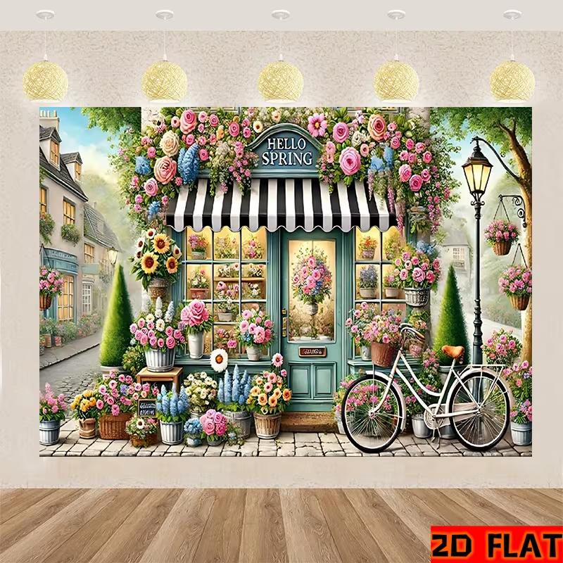 2D Floral Shop Backdrop "Hello Spring" Bicycle & Flower Party Background Banner