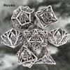7 Pcs White Leaf Flower Metal Dice Hollow Metal Polyhedral Dice Set Suitable For Role-Playing Game