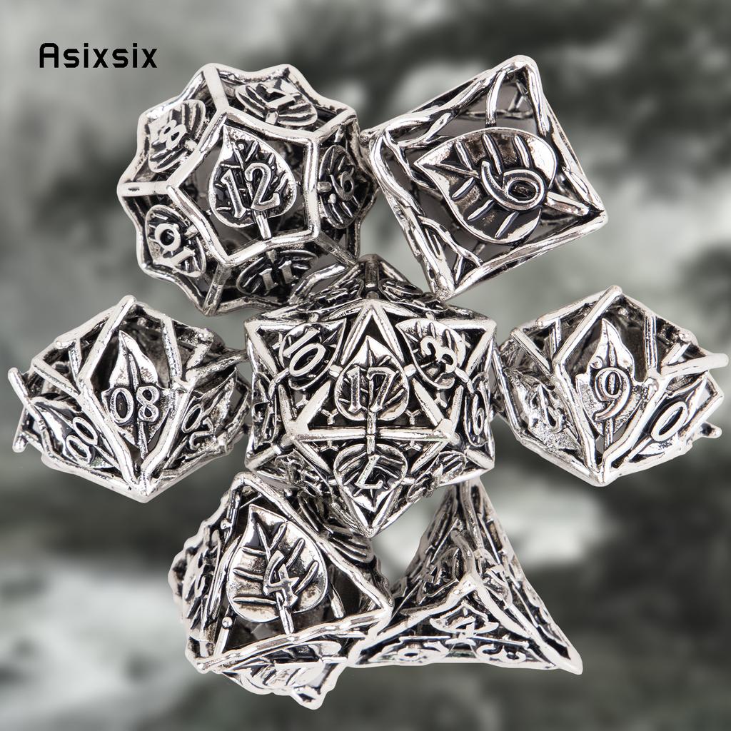 7 Pcs White Leaf Flower Metal Dice Hollow Metal Polyhedral Dice Set Suitable For Role-Playing Game