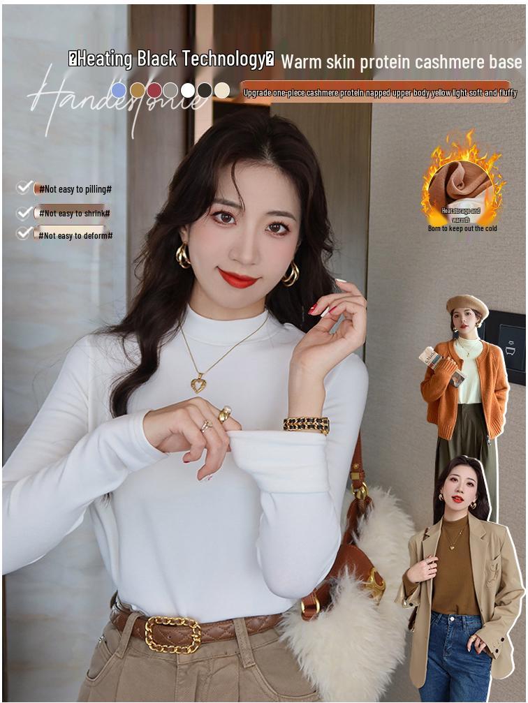 Velvet Semi-High Neck Long Sleeve Women's Modal Base Layer T-Shirt - Slimming White Autumn/Winter Fashion Top