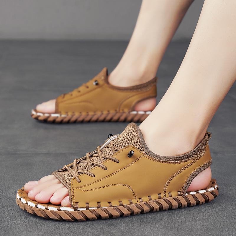 Summer Flat Designer Peep Toe Sandal Outdoor Men Anti Slip Casual Leather Beach Shoe Breathable Half Drag Hand-stitching Slipper