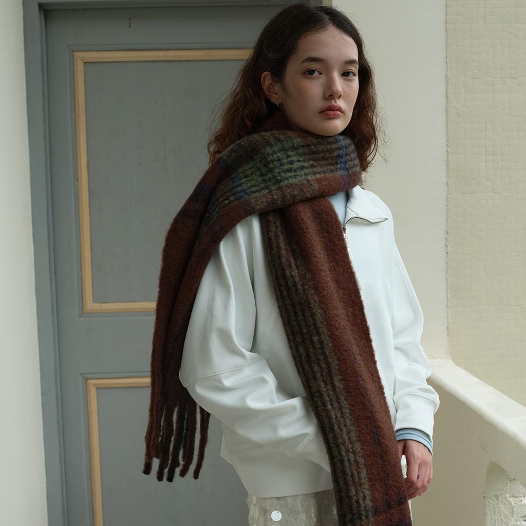 Wool Unisex Maillard Color Block Plaid Tassel Scarf Women's Winter Matching Scarf