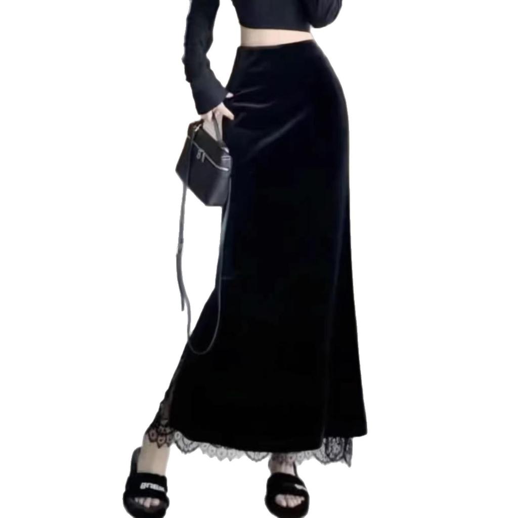 Eleganter schwarzer High-Waist-Midi-Rock aus Samt mit Spitze und Schlitz für Damen