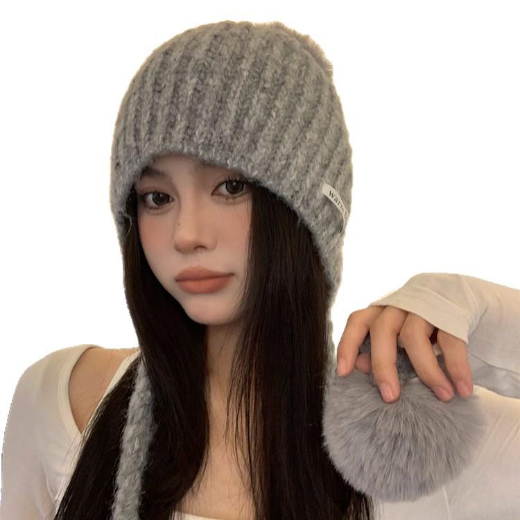 Gray Fur Ball Tassel Beanie Women's New Autumn and Winter Warm and Cold Proof Ear Protection Hat Large Head Circumference Hat Trendy