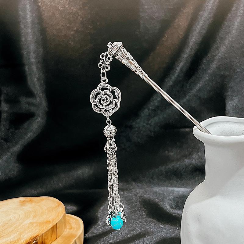 Turquoise Tassel Hanfu Hairpin with Hollow Flower Design