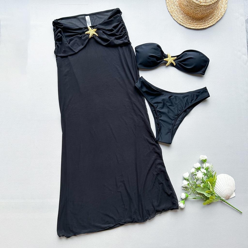 OFTBUY 2025 New Summer Sexy Solid Long Dress Swimsuit Women 3 Pieces Bikini Set Bra Plain Beach Swimwear Female