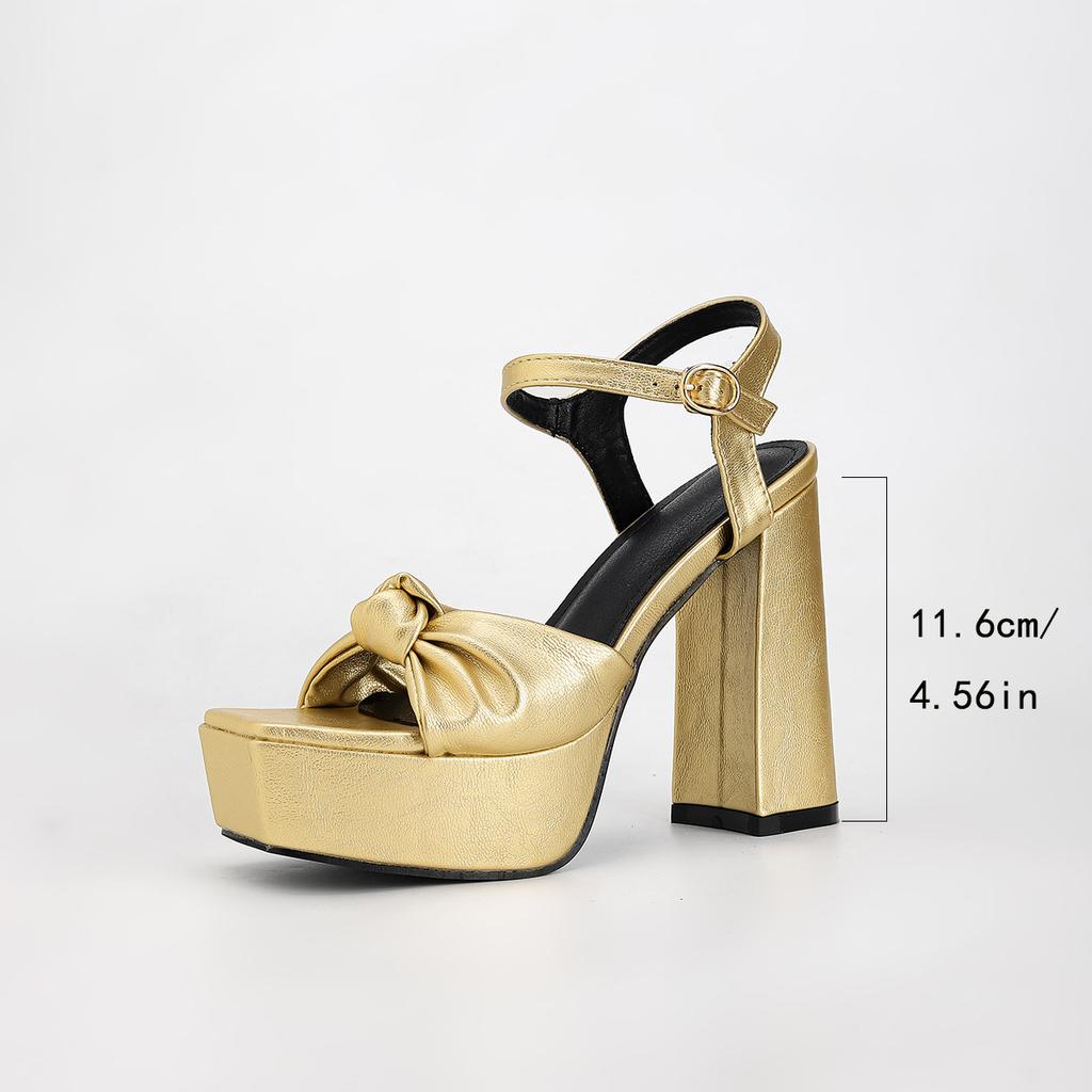 Schleife gold dicker Absatz offene Zehen dicke Sohle Sommer neu wasserdicht Tisch quadratischer Kopf High Heel Sandalen Damen